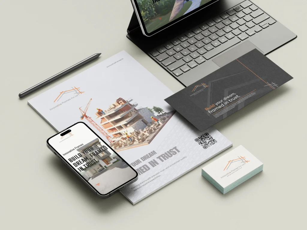 Complete branding suite for Innovative Frames including brochure, mobile site, and business cards
