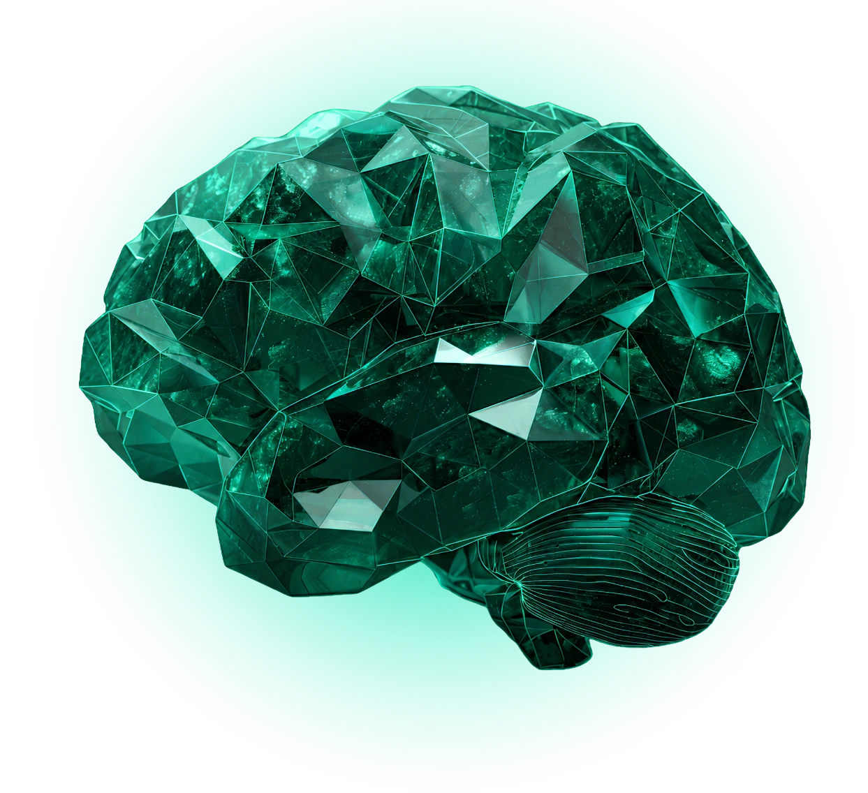 Abstract emerald crystal brain representing digital strategy, creative thinking, innovation, branding, and intelligent marketing solutions by Juxta360 Media.